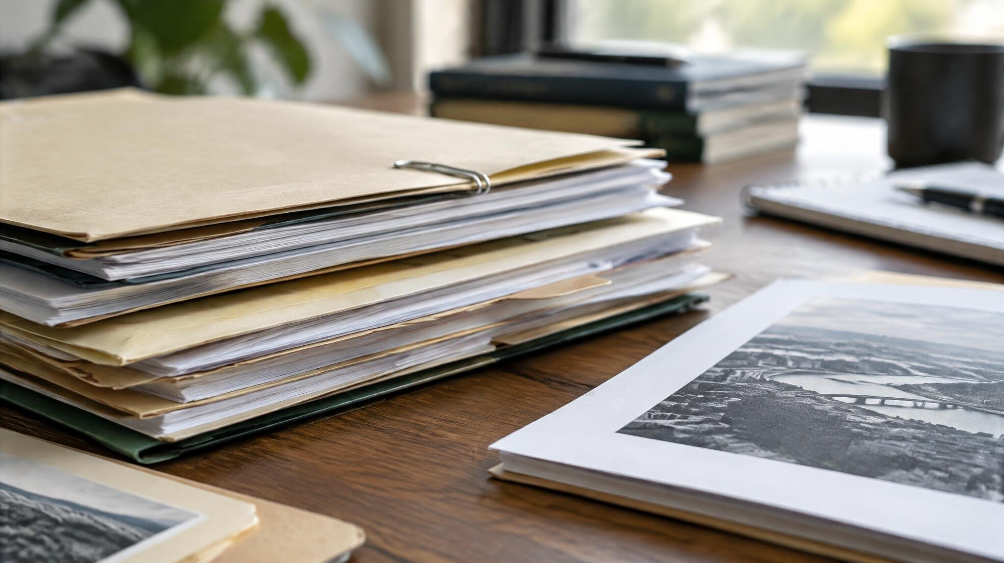 Stacks of paper documents and files on an office desk