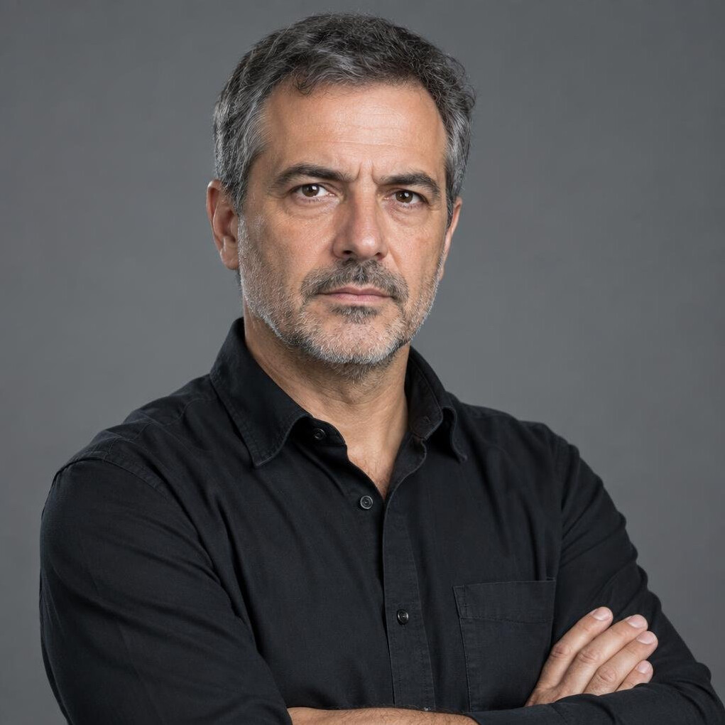Serious Portuguese male journalist in his 40s looking at the camera