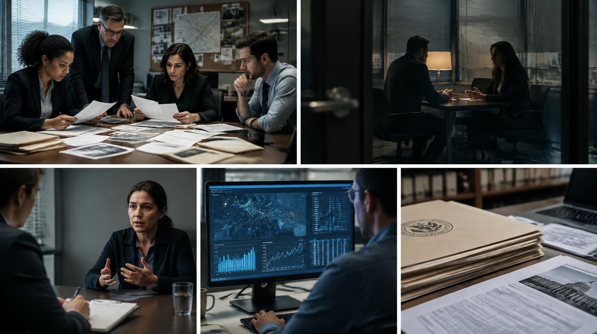 team of investigators reviewing documents